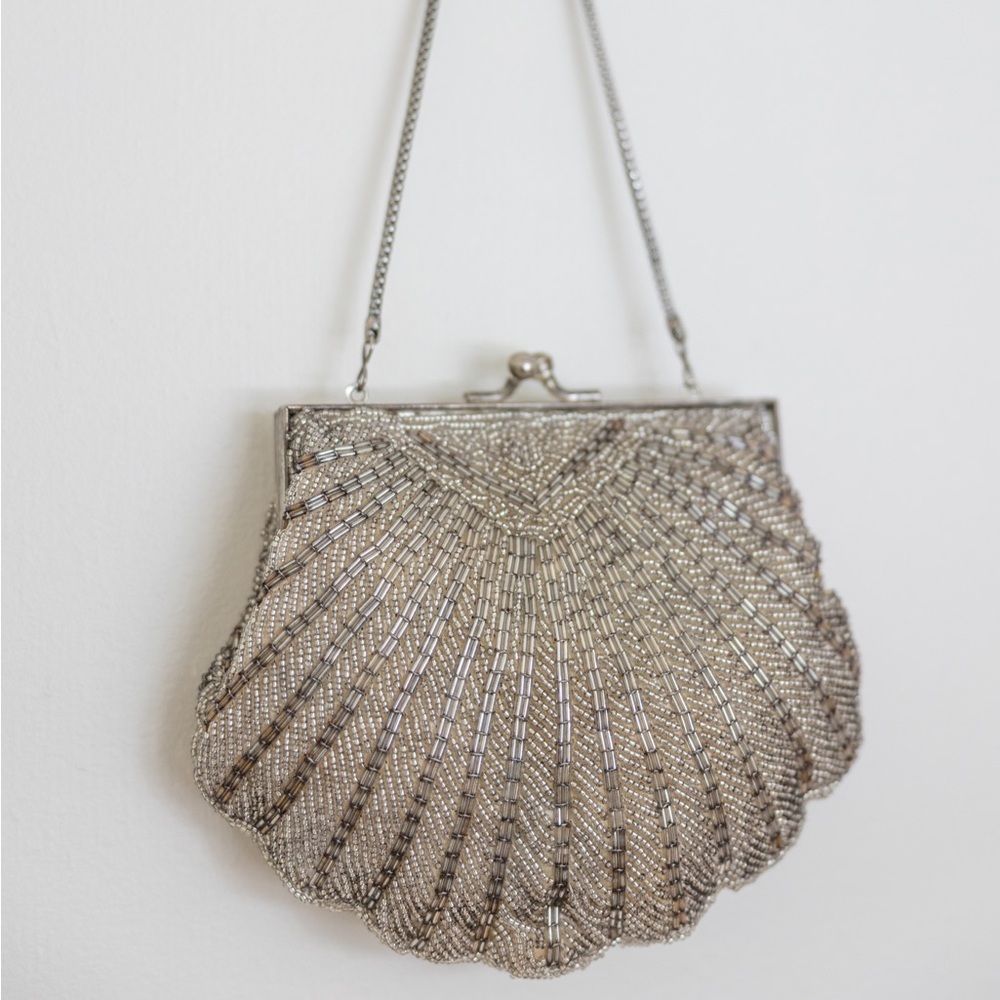 Silver Beaded vintage Evening Bag with Chain Strap